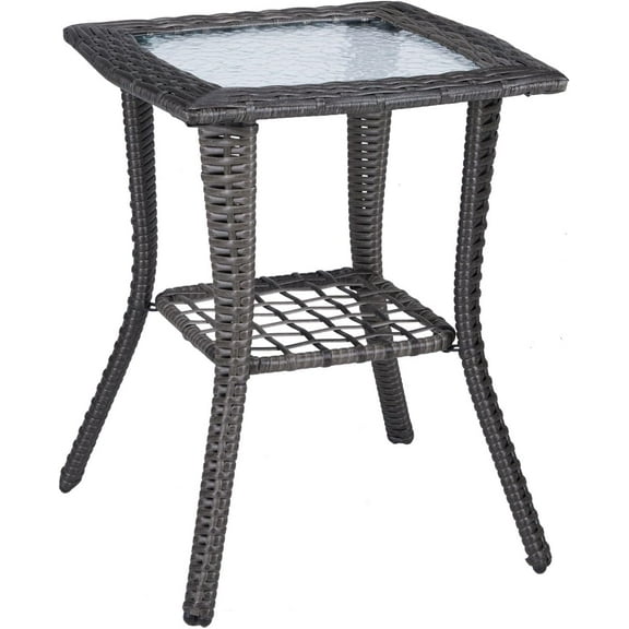 JessieMal Outdoor Side Table with Storage Wicker Patio Side Table, Tempered Glass Top End Table for Balcony Porch Deck (Grey)