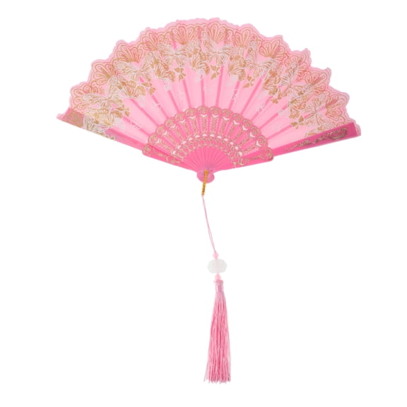 Unique Bargains 1 Pc Butterfly with Tassel Folding Fan for Masquerade Pink Silk Fabric
