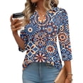 thumbnail image 2 of Boho Print Blouse for Women, V-Neck 3/4 Sleeve Tunic Top with Button Detail - Loose Fit Bohemian Casual Shirt for Fall & Winter Blue L, 2 of 7