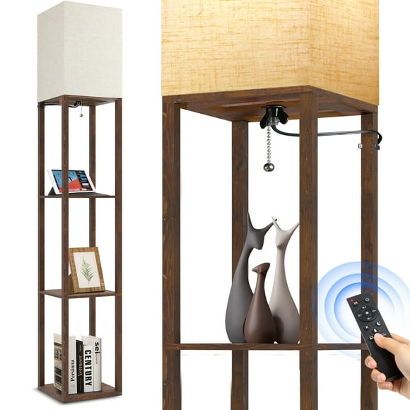 Outon Floor Lamp with Shelves, Linen Shade 63" Memory Function Shelf Lamp with Remote Control, Tall LED Wood Shelf Floor Lamp for Living Room, Bedroom(Vintage)