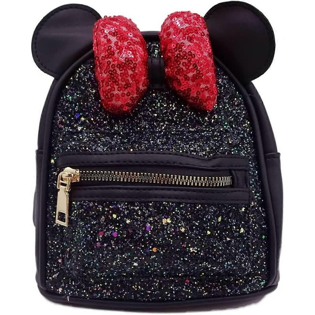 UBIUO Bowknot Glitter Mini Casual Daypack Cartoon Mouse Ears Backpack Glitter Daypack Travel Shoulder Bag Purse Small Black One Size