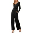 thumbnail image 4 of Conjuntos informales de 2 piezas Inspire Chic para mujer, con manga larga, cuello en V, cordón, cintura elástica y pantalones anchos, talla XL, color negro, 4 of 6
