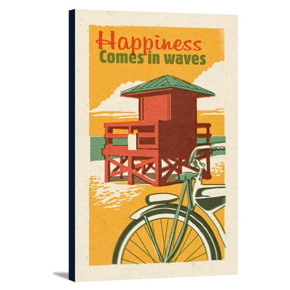 Happiness Comes In Waves - Lifeguard - Woodblock - Lantern Press Artwork (24x36 Gallery Wrapped Stretched Canvas)