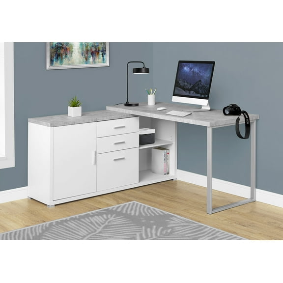 Monarch Specialties Computer Desk, Corner, 60"L, Work, Laptop, White And Grey Cement-look Laminate