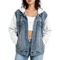 thumbnail image 2 of Tqcoqu Women's Color Block Hooded Denim Jacket with Multi Pocket,Button Down Long Sleeve Knit Sleeve Loose Casual Jean Trucker Coat For Fall Winter,White Women's S-XXL, 2 of 7