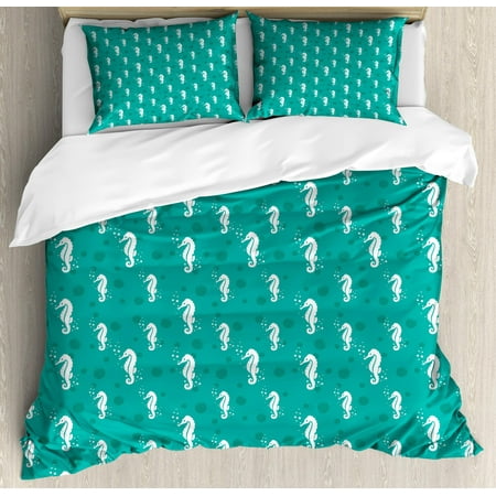 Coastal Life Bedding Seahorse Queen Size Duvet Cover Set, Ocean Themed Figures Marine Aquatic Bubbles Sea Life Coastal Pattern, Decorative 3 Piece Bedding Set with 2 Pillow Shams, Sea Green Teal and White, by Ambesonne ()