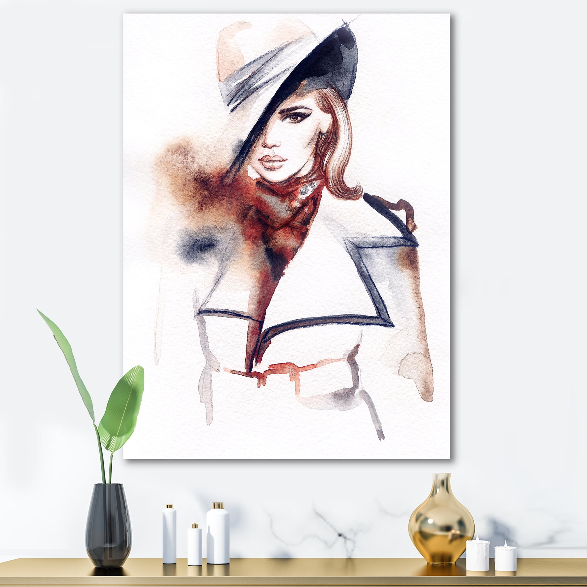 Designart ' Fashion Portrait of Woman Wearing Hat ' Modern Canvas Wall Art Print