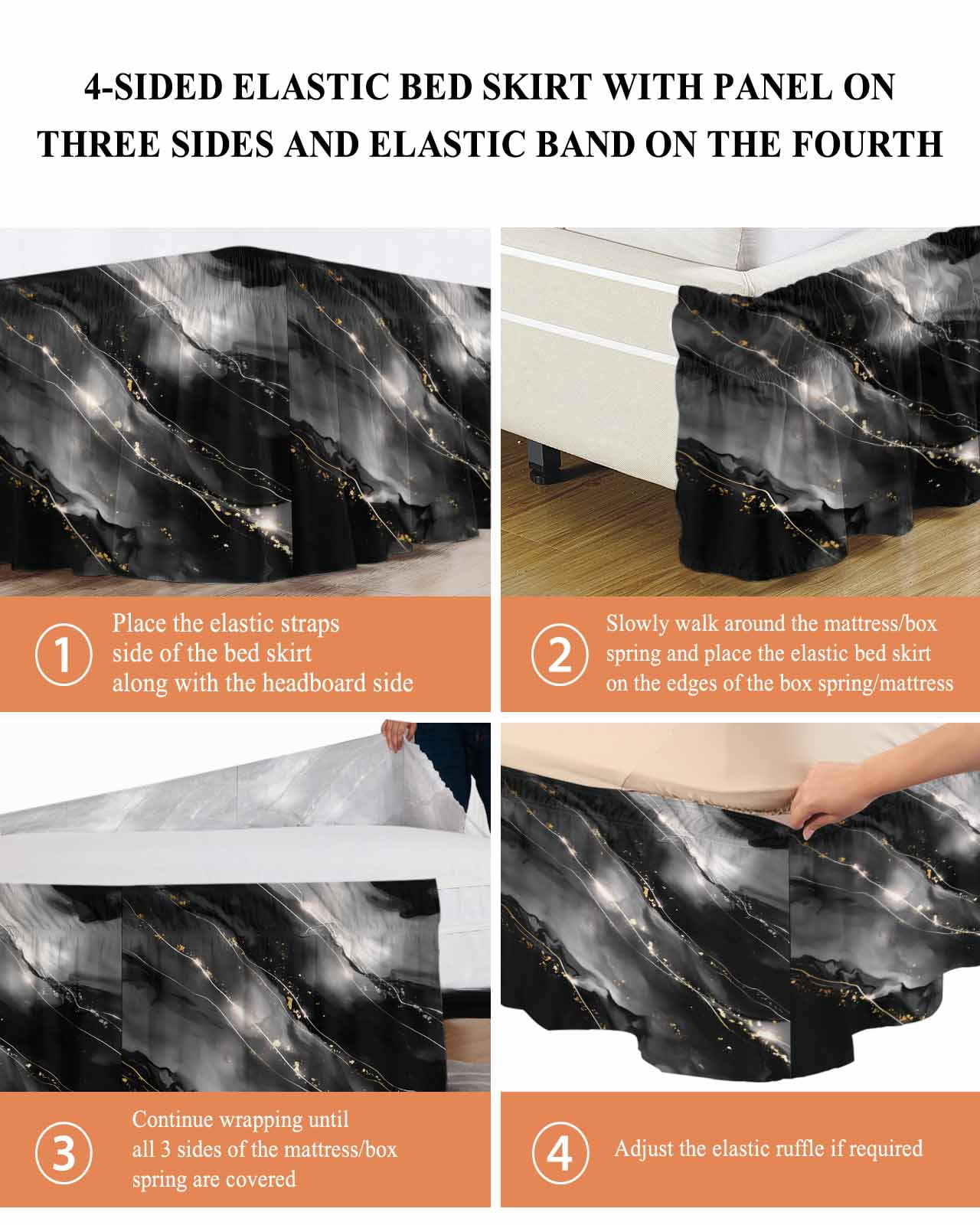 Blake Gray Marble Wrap Around Bed Skirts for Queen Bed 16" Drop,Bed Skirt with Adjustable Elastic Belt Dust Ruffle Bed Valance for Bedroom Hotel Modern Abstract Art Marble Crack Bed Frame Cover
