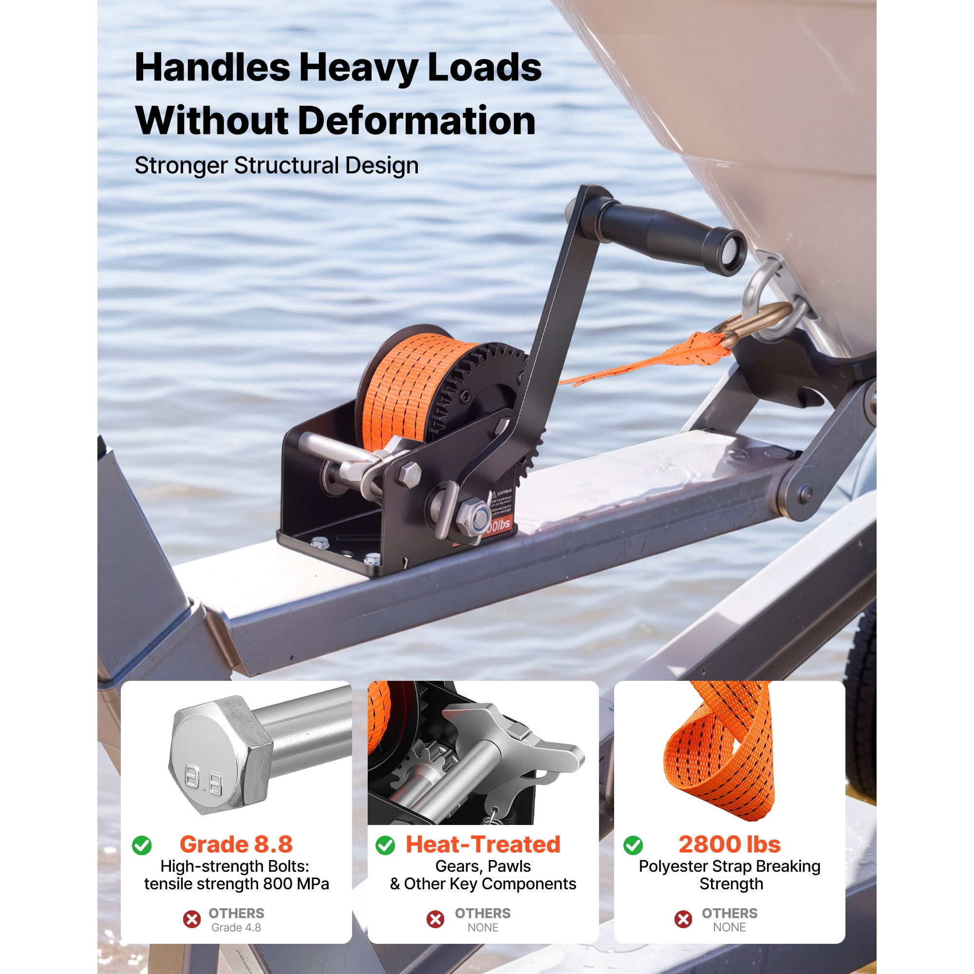 KFFKFF 600 lbs Hand Winch, Durable Manual Rope Crank with 20ft Orange Polyester Strap, Two-Way Ratchet, Anti-Slip Handle for Boat Trailer and ATV Towing