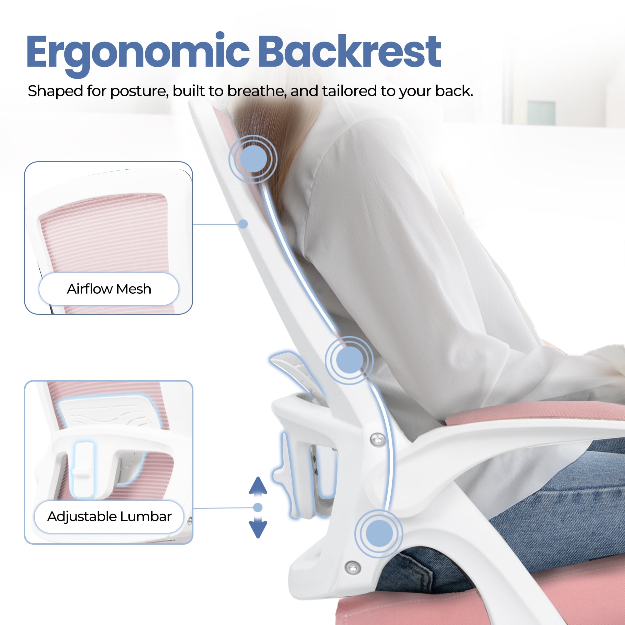 CELTOSS Ergonomic Office Chair, Wide Seat with Flip-Up Armrests, Lumbar Support, Adjustable Height, Comfy Home Task Computer Chair, Pink