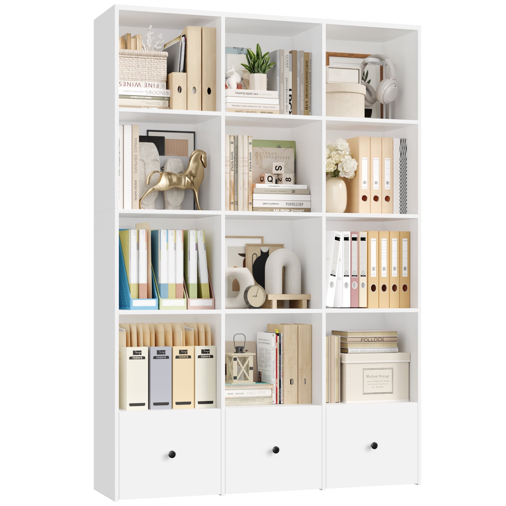 Hiphuta Triple Row 4-Tier Bookcase with 12 Cubes, 69" Tall Large Bookcase with 3 Drawers, for Office Living Room, White