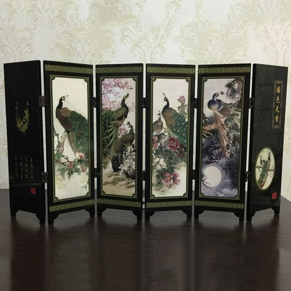LEFU for Mini Peacock Screen Room Divider 6-Panel Wood Folding Partition Decorative Privacy Separator Portable Space Divider for Home Office Bedroom Living Room 48x24x0.6cm
