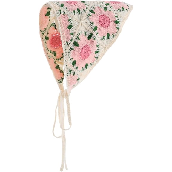Pink Floral Bandana Flower Hair Scarf Cotton Vintage Summer Flowers Crochet Knitted Tie Triangle Headwrap Headbands Headscarf Hairscarf for Travel Head Kerchief Decoration Women Accessories