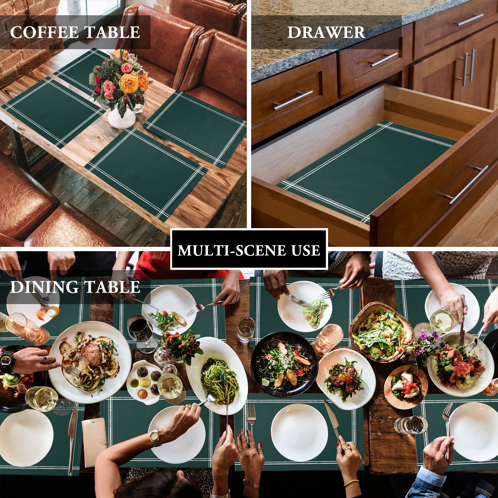 Placemats Set of 4, Solid Color Placemats Set of 4, Dark Green Tablemats Washable Placemat Table Decoration for Kitchen Table Dinner Party Home Decor Indoor Outdoor 13x19 Inch