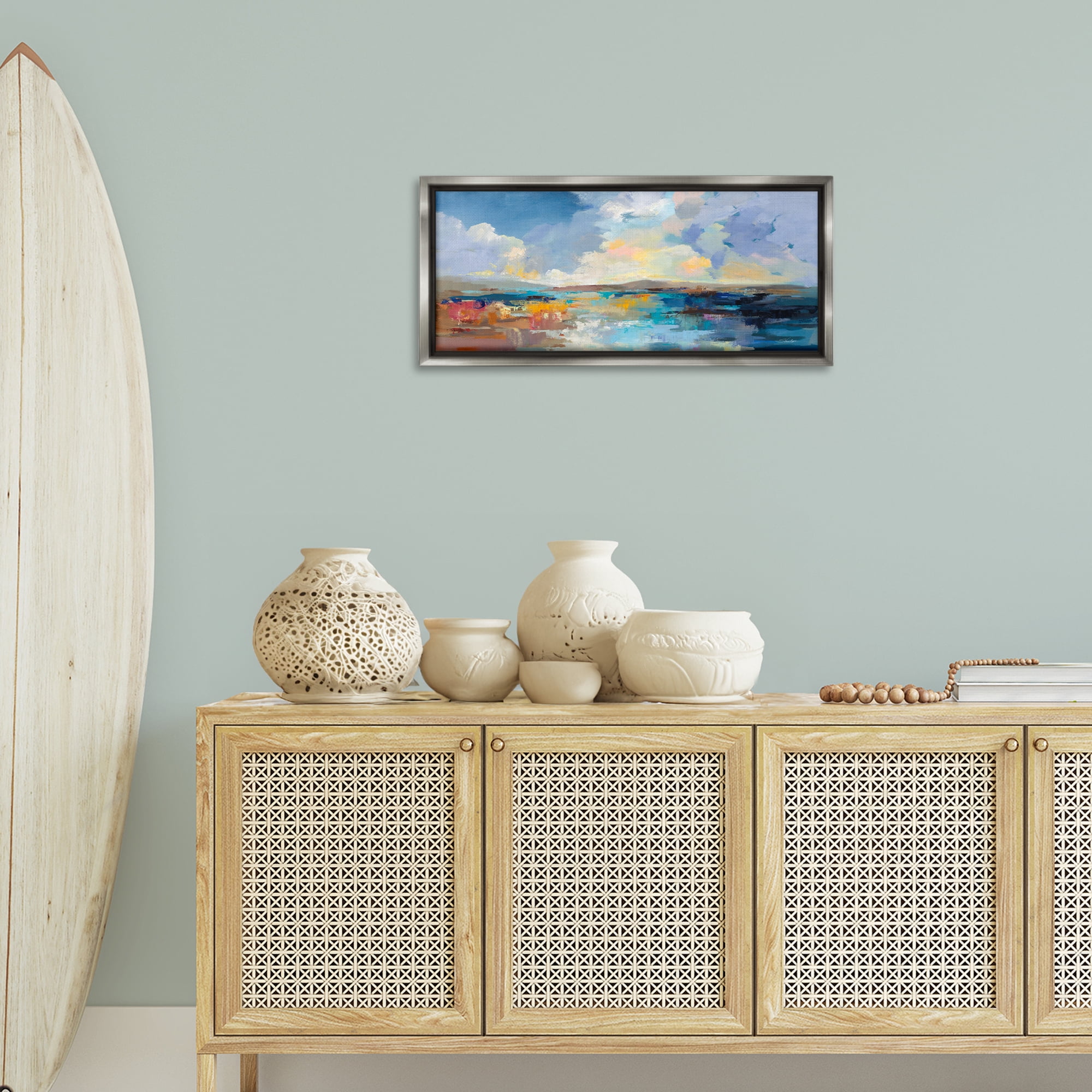 Stupell Industries Seaside Sunset Abstract Landscape Painting Gray Floater Framed Canvas Art Print Wall Art, 31 x 14