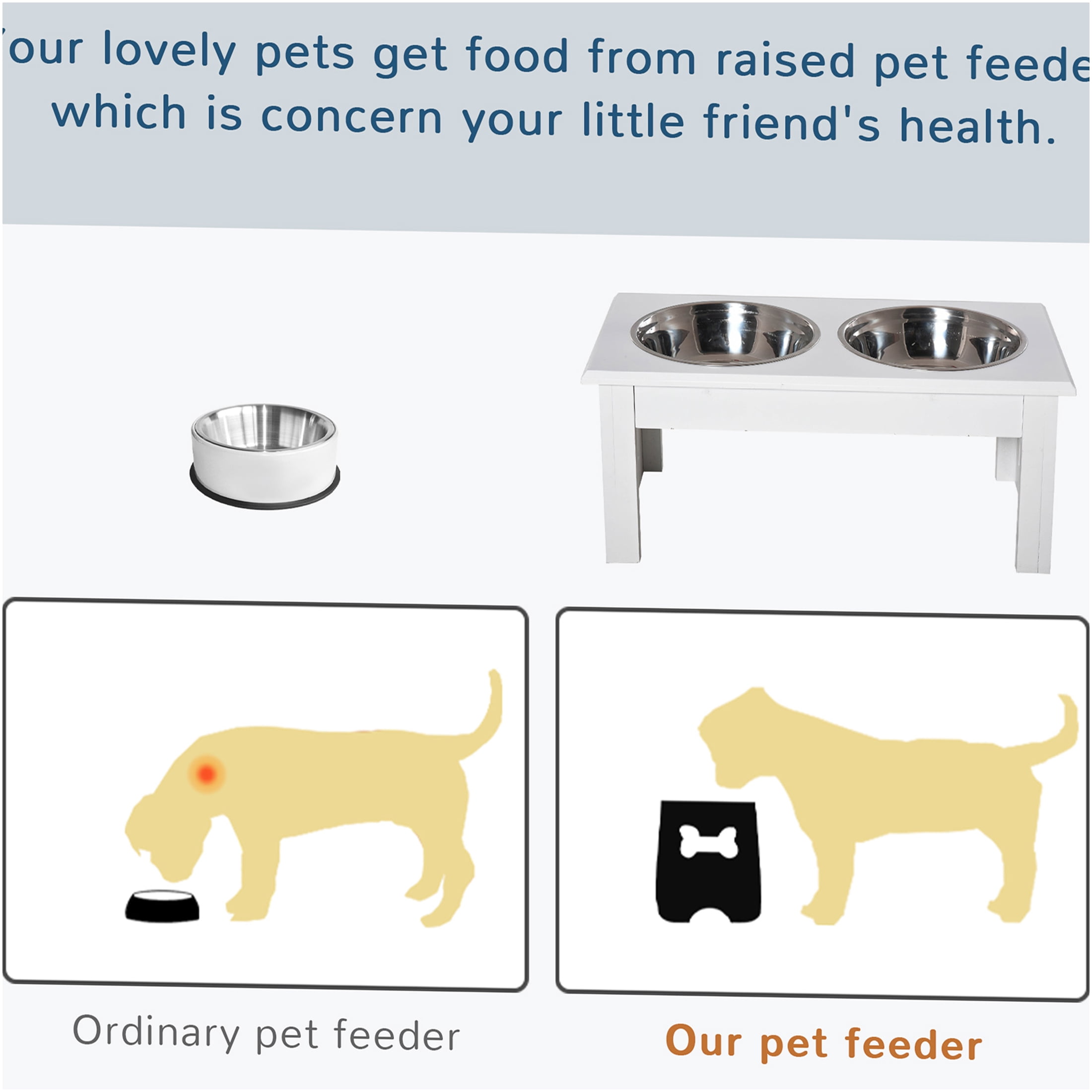 JERFIT Elevated Dog Bowl Stand with Stainless Steel Bowls, 6 Inch Height Pet Feeding Station for Messy Eaters, Anti-Slip Wooden Dog Food & Water Raised Holder in White