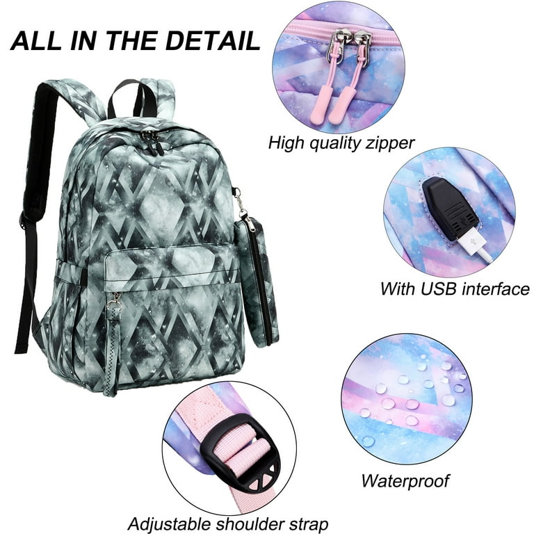 Forestfish Black Rhombus Pattern Kids School Backpack Set for Teen Girls  with Lunch Bag and Pencil Case Water Resistant Lightweight Large Bookbag  for