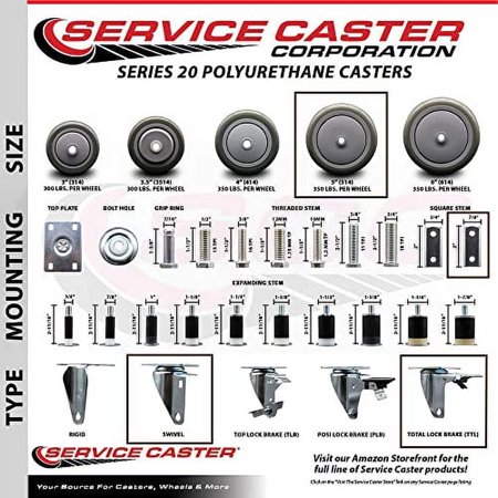 Service Caster Brand Replacement for MetalTech Caster I-C1CAS5 - Swivel 7/8 Inch Square Stem Caster with 5 Inch Gray Polyurethane Wheel and Total Lock Brake - 350 lbs. Capacity Per Caster
