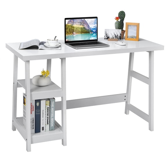 Costway Trestle Computer Desk Home Office Workstation w/Removable Shelves Vintage White