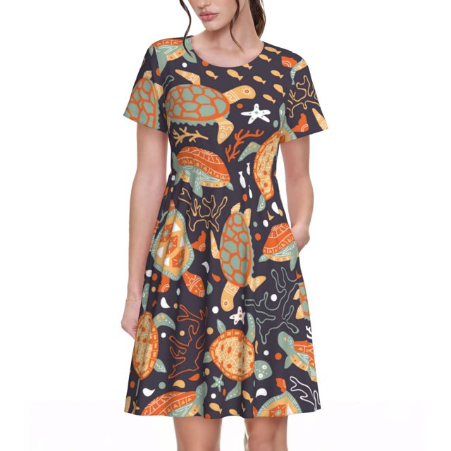Disketp Turtles and Sea Plants para Vestido de Manga Corta para Mujeres, Vestidos de Verano para Mujeres, Casual y Holgado para la Playa