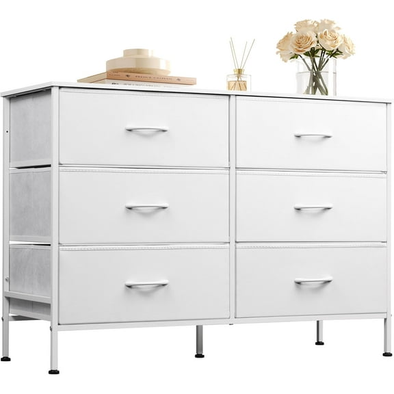 BOBOKY Dresser for Bedroom with 6 Drawers, Wide Fabric Dresser TV Stand for 50 Inches TV, with Metal Frame, Wooden Top, Fabric Storage Dresser for Bedroom, Hallway, Entryway,White