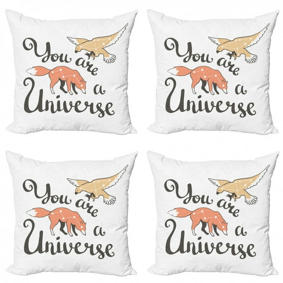 Saying Throw Pillow Cushion Case Pack of 4, You are a Universe Lettering with Constellations on Fox and Eagle, Modern Accent Double-Sided Print, 4 Sizes, Peach Salmon, by Ambesonne