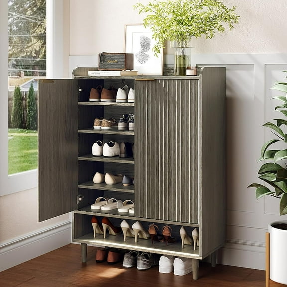 VINGLI 44.5" Tall Fluted Shoe Cabinet - Gray Oak Wooden Entryway Storage with 5 Adjustable Shelves, Modern Freestanding Organizer for Hallway/Living Room/Bedroom