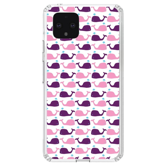 DistinctInk Clear Shockproof Hybrid Case for Google Pixel 4 (5.7" Screen) - TPU Bumper, Acrylic Back, Tempered Glass Screen Protector - Purple Pink Cartoon Whales - Cartoon Whales