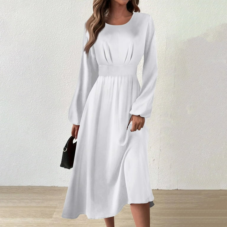 Fonma Women's Long Sleeves Maxi Dress Plain Empire Waist Casual Dress Loose  Fall/Winter Dresses White L - Walmart.com