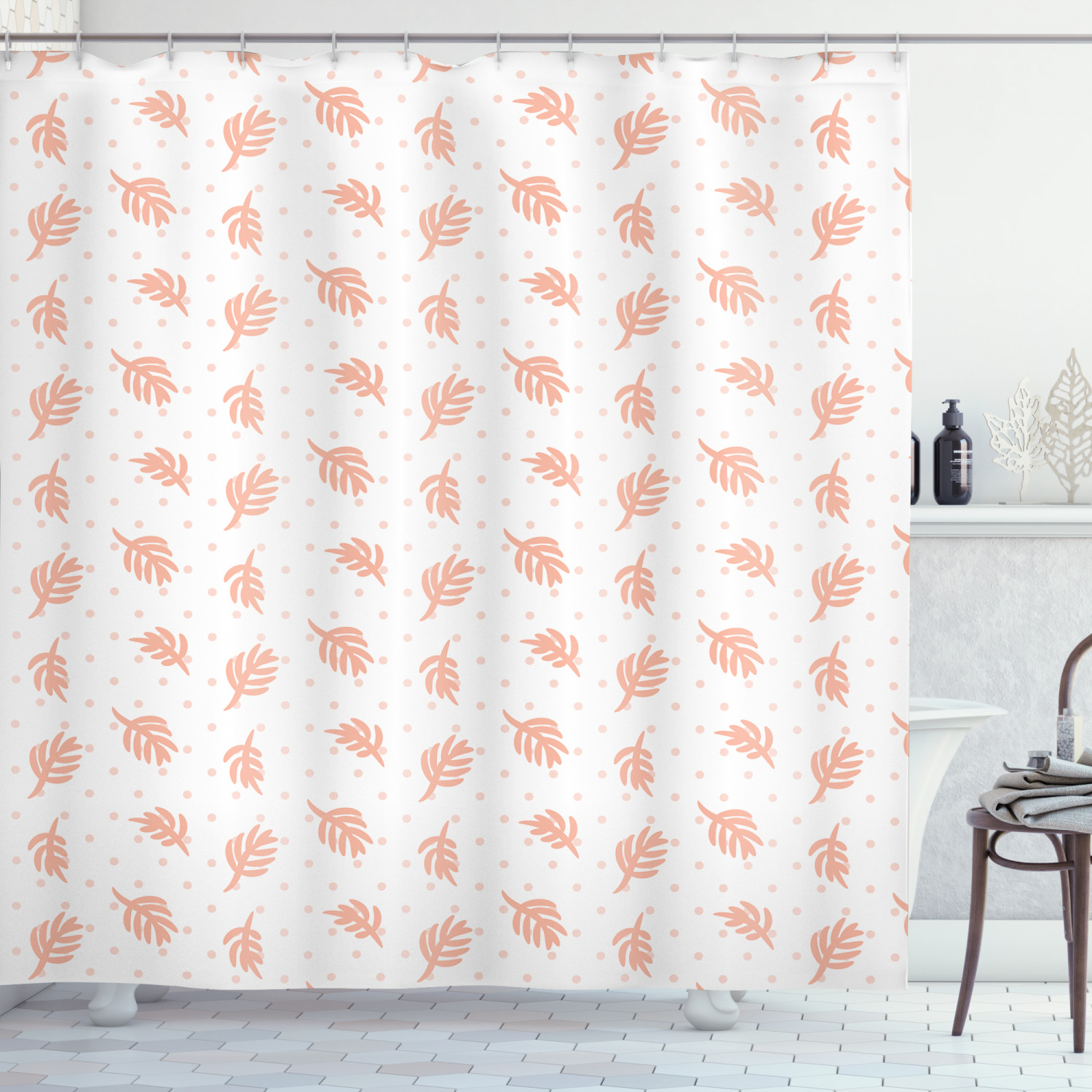 Blush Pink Shower Curtain, Monochrome Pastel Tropical Pattern of Exotic