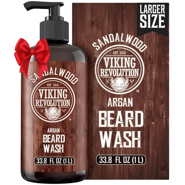 Jabón de barba Viking Revolution de sándalo para hombre con aceite de argán - Champú suavizante y fortalecedor con ginseng, salvia roja, vitamina B5 y vitamina E - Cuidado de barba con sándalo (950 ml