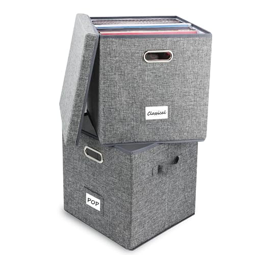 ZEDKEHO Caja de almacenamiento de discos de vinilo, juego de 2 – Almacenamiento de álbumes con capacidad para más de 100 discos individuales, caja organizadora decorativa de almacenamiento LP con tapa
