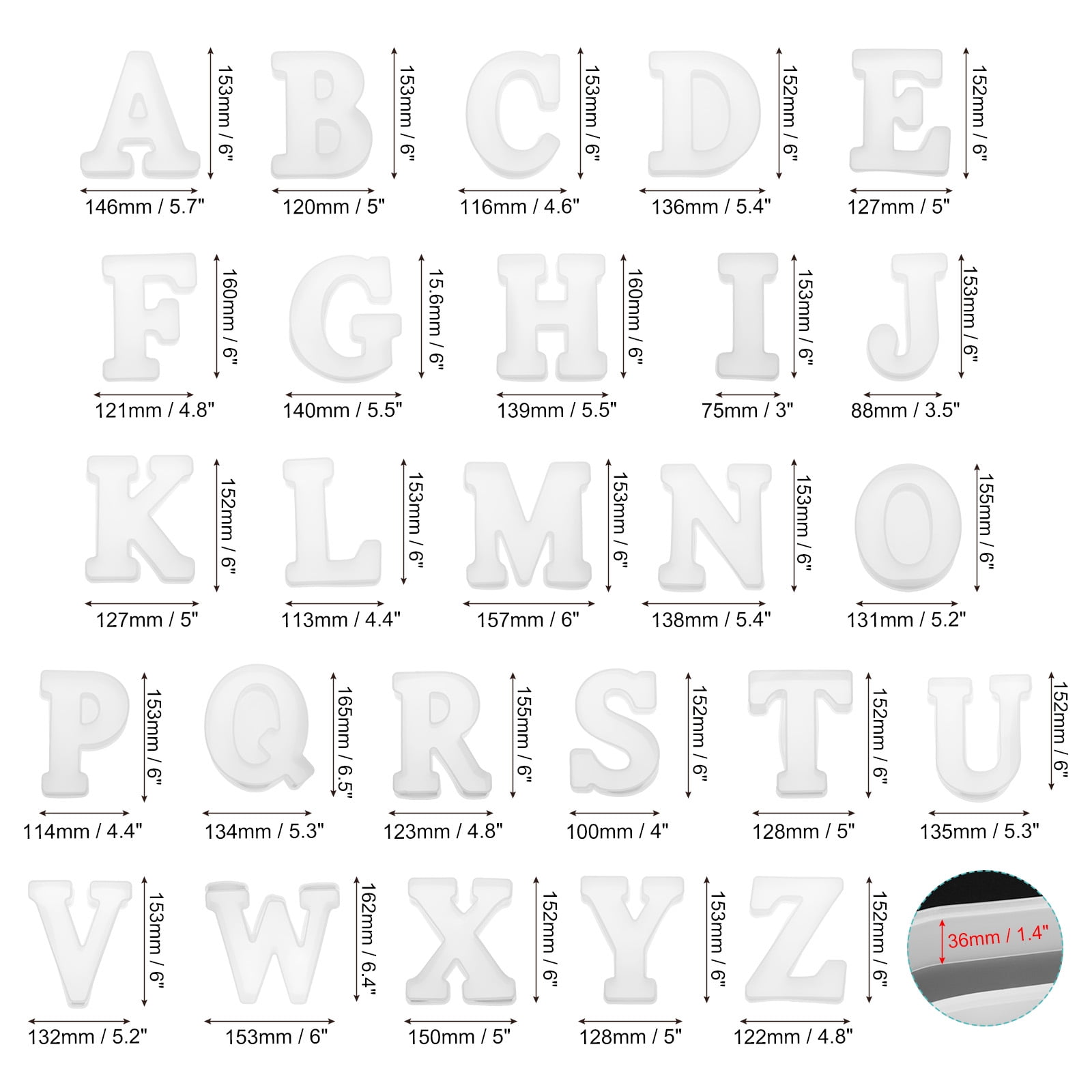 Uxcell 26packs Large Letter Resin Molding 6" A to Z Capital English Alphabet Silicone Mould