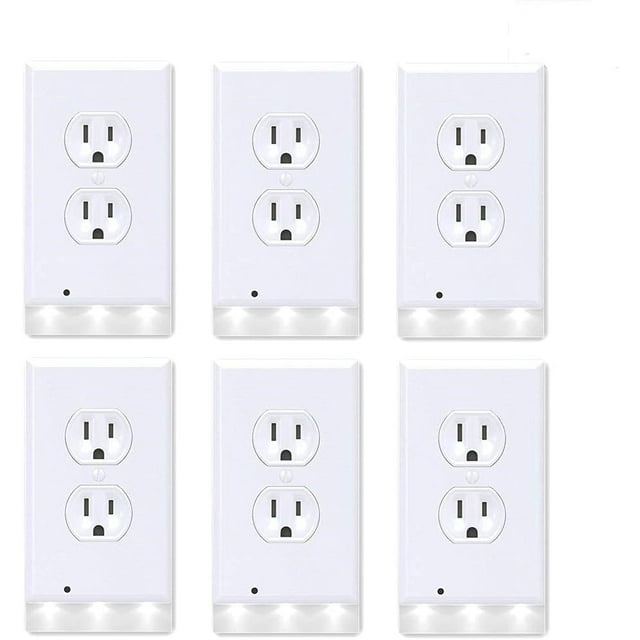 6Pcs Wall Outlet Plate LED Night Light Illuminated Plug Cover With Sensor Inductive Guidelight Easy Snap On No Wire Or Battery Needed For Hallway Bathroom Stairway Garage Utility Room Decor