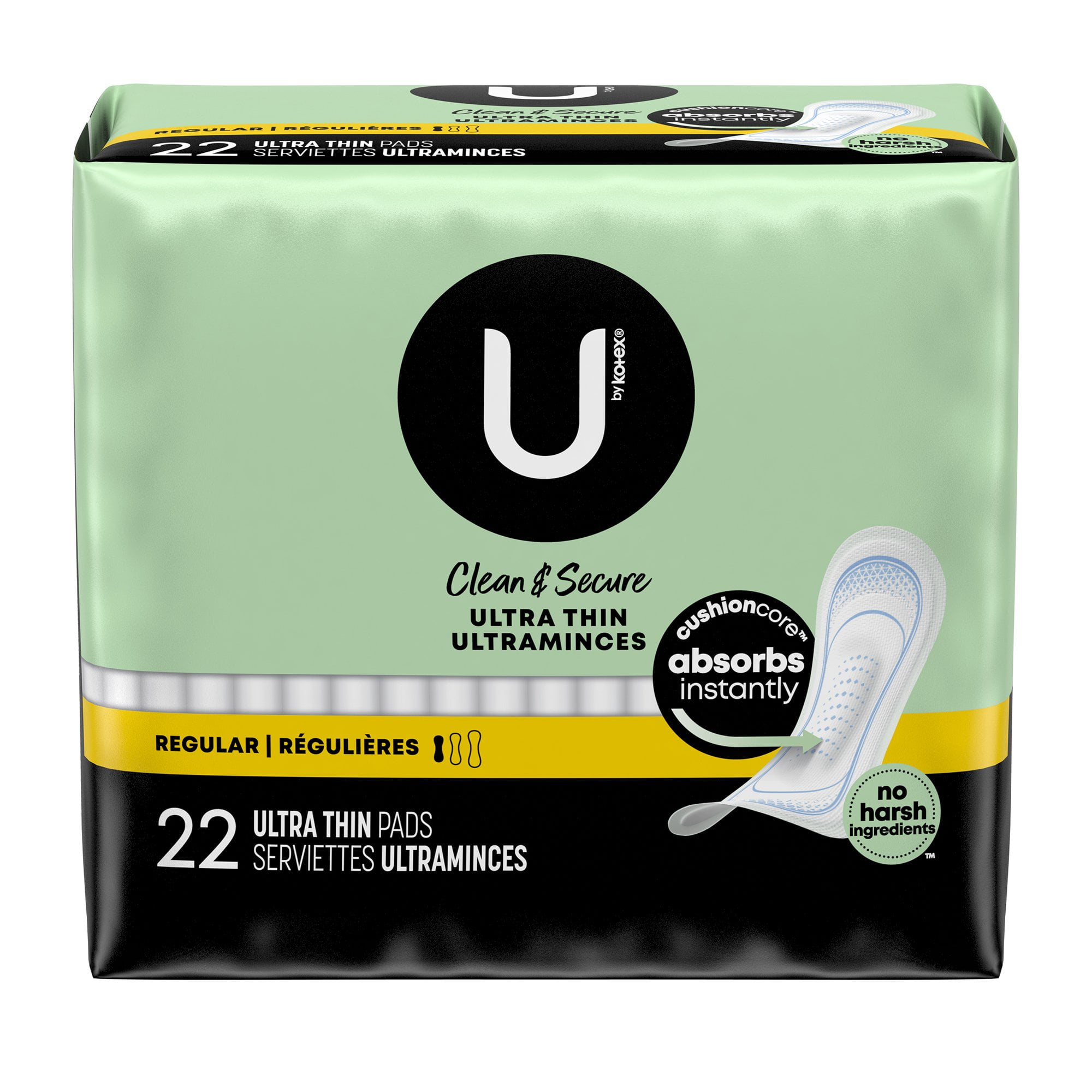U by Kotex Ultra-Thin, Regular Absorbency Feminine Pads, 22 Count, 8 Packs, 176 Total
