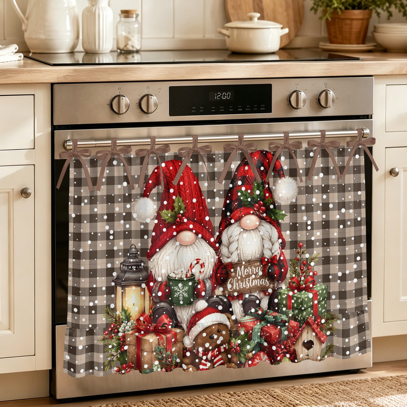 Oven Curtain for Kitchen Christmas Dwarfs Winter Snowflake Stove Curtain With Ruffled Trim Dishwasher Curtains Buffalo Check Oven Skirt 32 x24