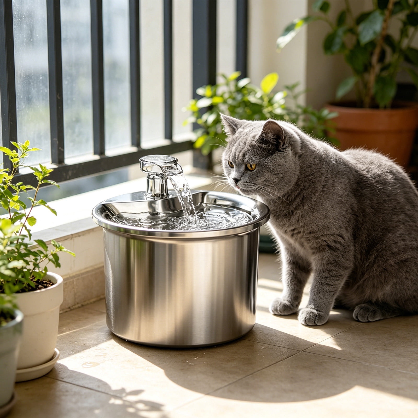 Automatic Pet Water Dispenser, USB Powered Stainless Steel Circulating Fountain with Filter, Flowing Water Feeder to Encourage Cats and Dogs to Drink Silver