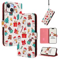 Phone Case for iPhone 13, Luxury Christmas Pattern Card Slots Cash Pocket Magnetic Clasp Full Body Protection Shockproof Kickstand Wallet Flip Case with Wrist Strap for iPhone 13, A