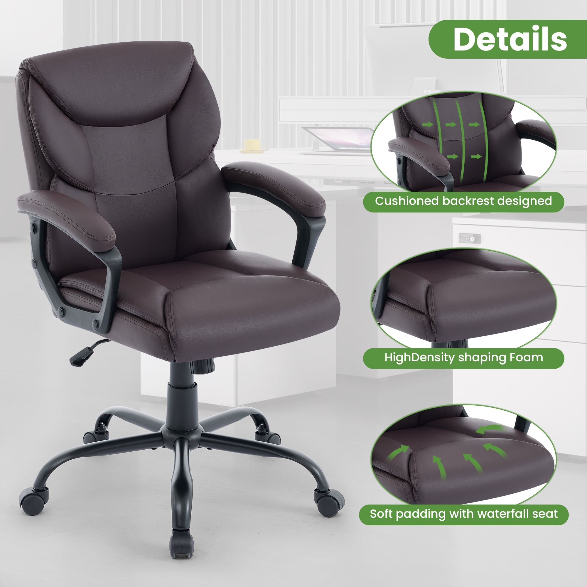 JONPONY Leather Office Chair, Big and Tall 400lbs Ergonomic Desk Chairs with Back Support, Executive Leather Chair with Wheels for Home Office, 360°Swivel Free, Brown