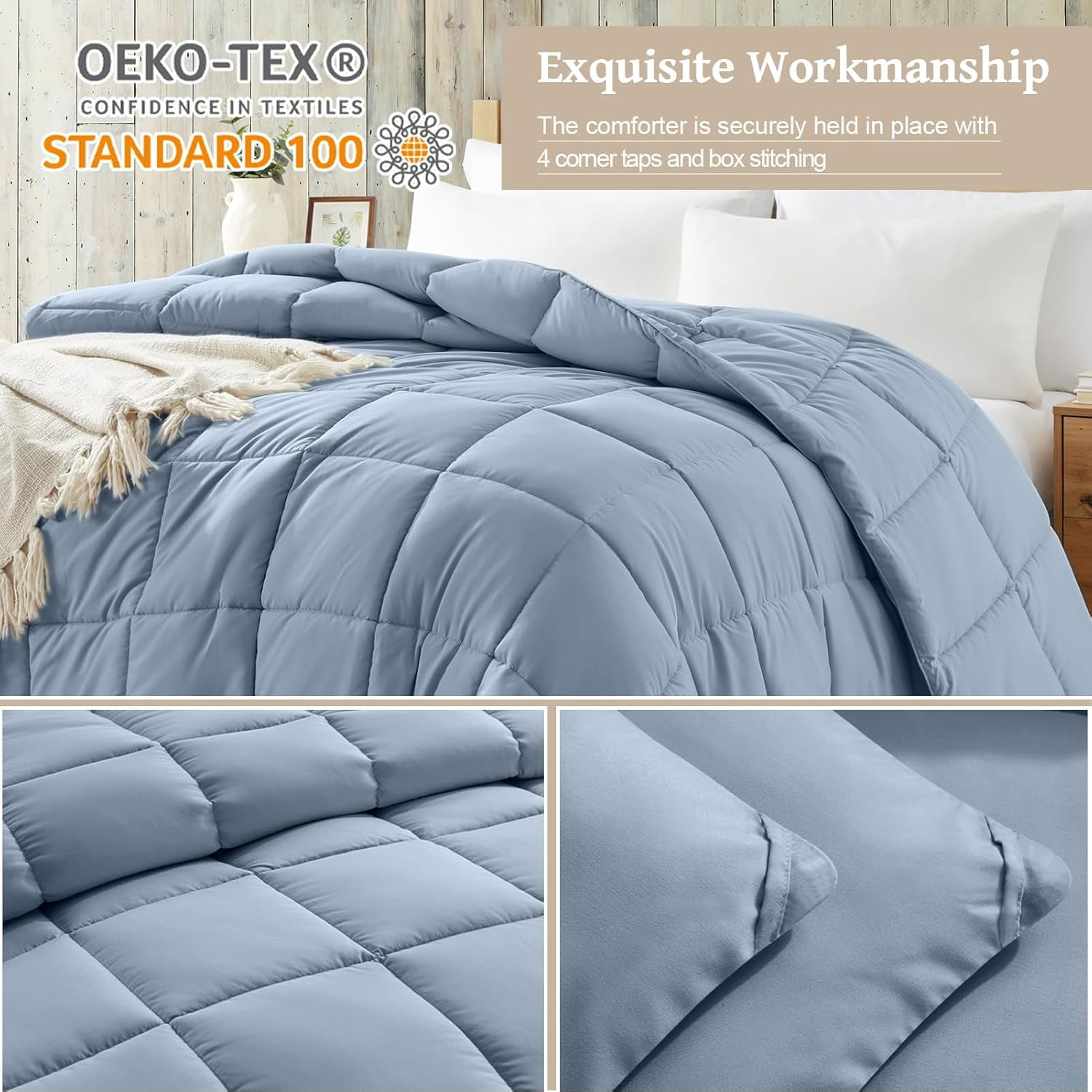 Reversible Lightweight Queen Comforter Down Alternative Blue Grey All Season Quilted Bedding