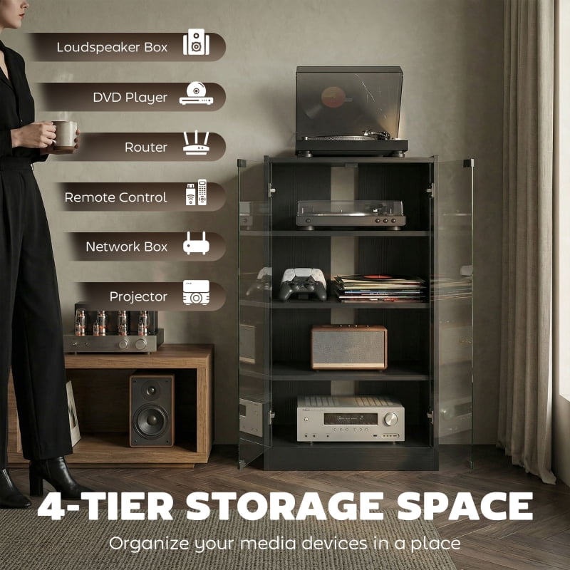 Alvantor 4-Tier Hi-Fi Storage Stand with Glass Doors & Adjustable Shelves 21.3x15.7x35.8 Black