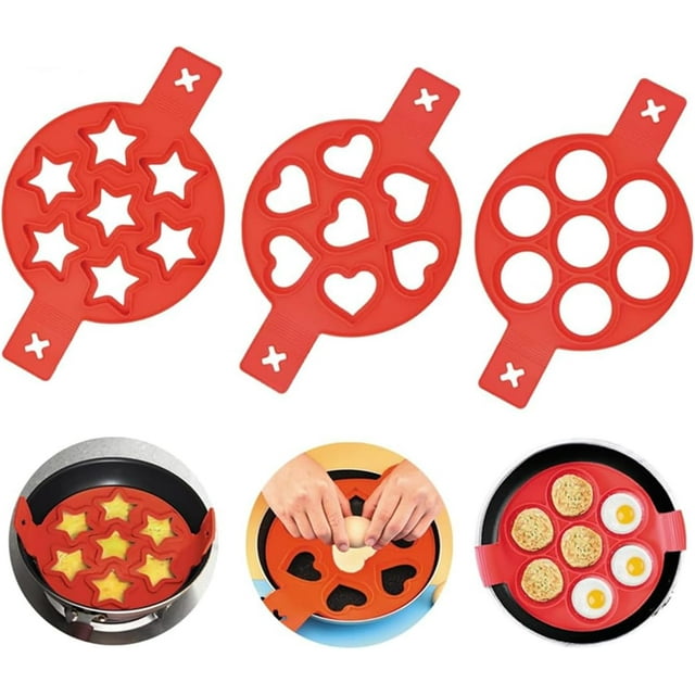 Trous Flip N Cook Silicone, Moule à Crêpes 3 Pcs - Fait des Étoiles, des Cœurs et des Cercles - Réutilisable, Facile à Nettoyer, Moule à Crêpes en Silicone Antiadhésif