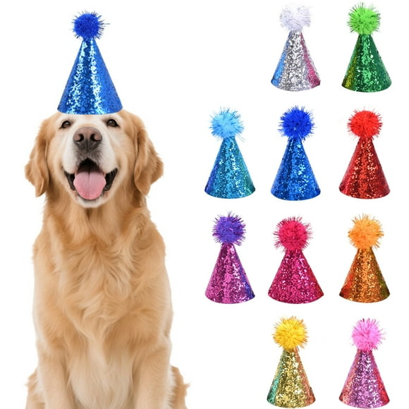 Pet Accessory Party Hat for Cute Multicolor Mini Party Hats with Pompoms - Adjustable Glitter for Cats Dogs and Small Animals 10PCS