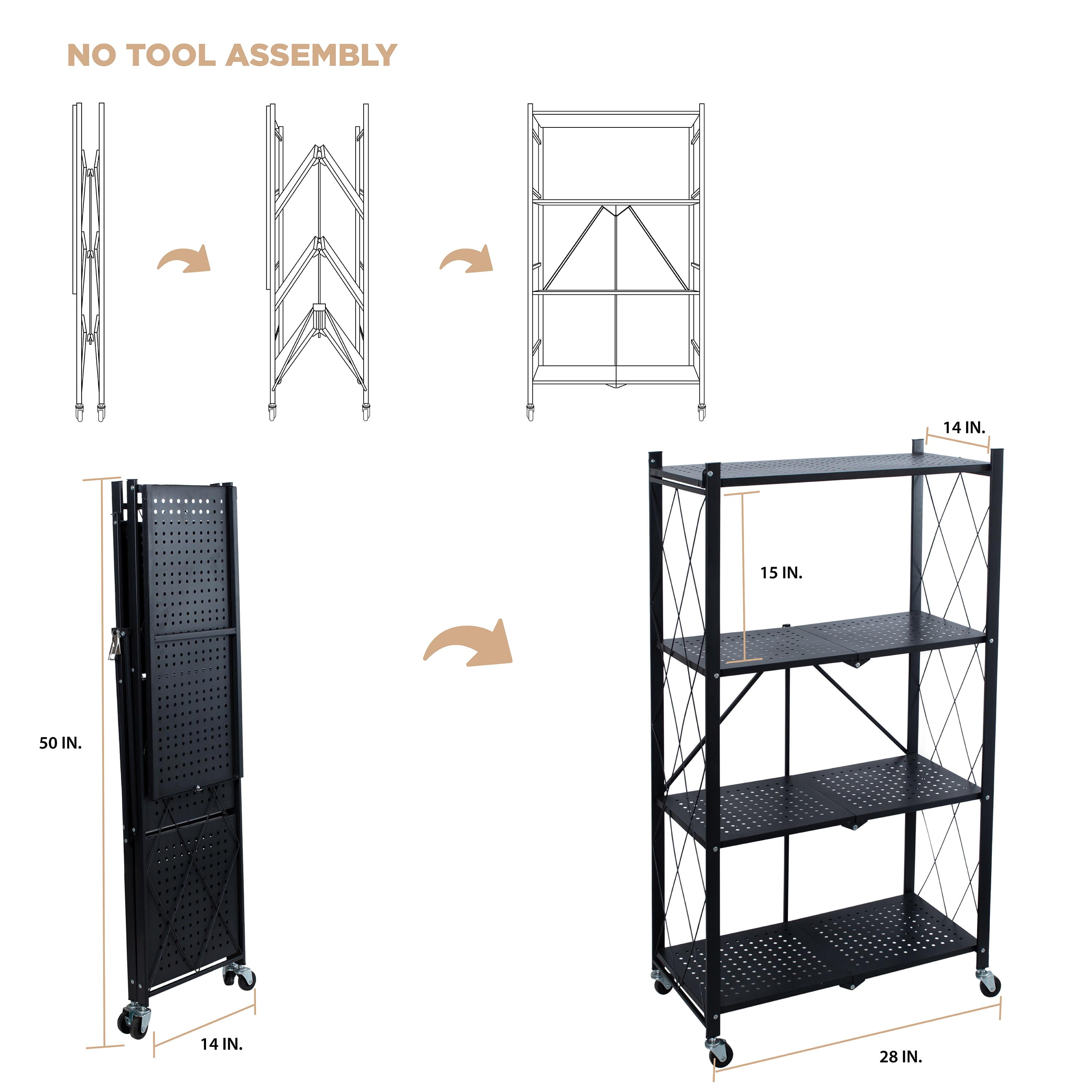Organize It All 4 Shelf Foldable Metal Storage Shelves, Wheels, Adult, Kitchen, Laundry Room, Black
