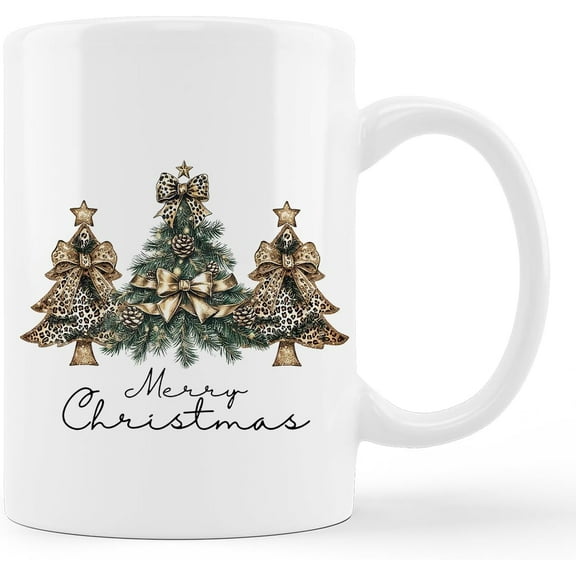 kunlisa Leopard Christmas Tree Mug, Coquette Bow Cheetah Christmas Coffee Cup Ceramic, Farmhouse Xmas Pine Tree Ceramic Coffee Tea Mug 11 oz
