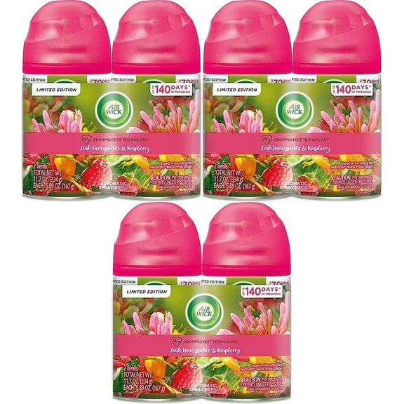 Air Wick Automatic Air Freshener Spray Refill, Lush Honeysuckle & Raspberry, Essential Oils, Odor Neutralization- 6 Pack, 5.89 Ounce Pack of 6