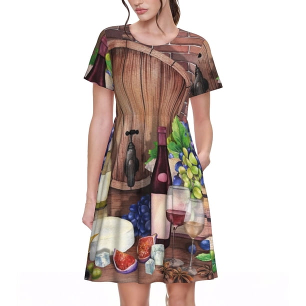 Balery Bottle Glass Red Wine Vestidos sueltos de manga corta para mujer, vestidos de verano 2025, vestidos casuales de corte A con vuelo.