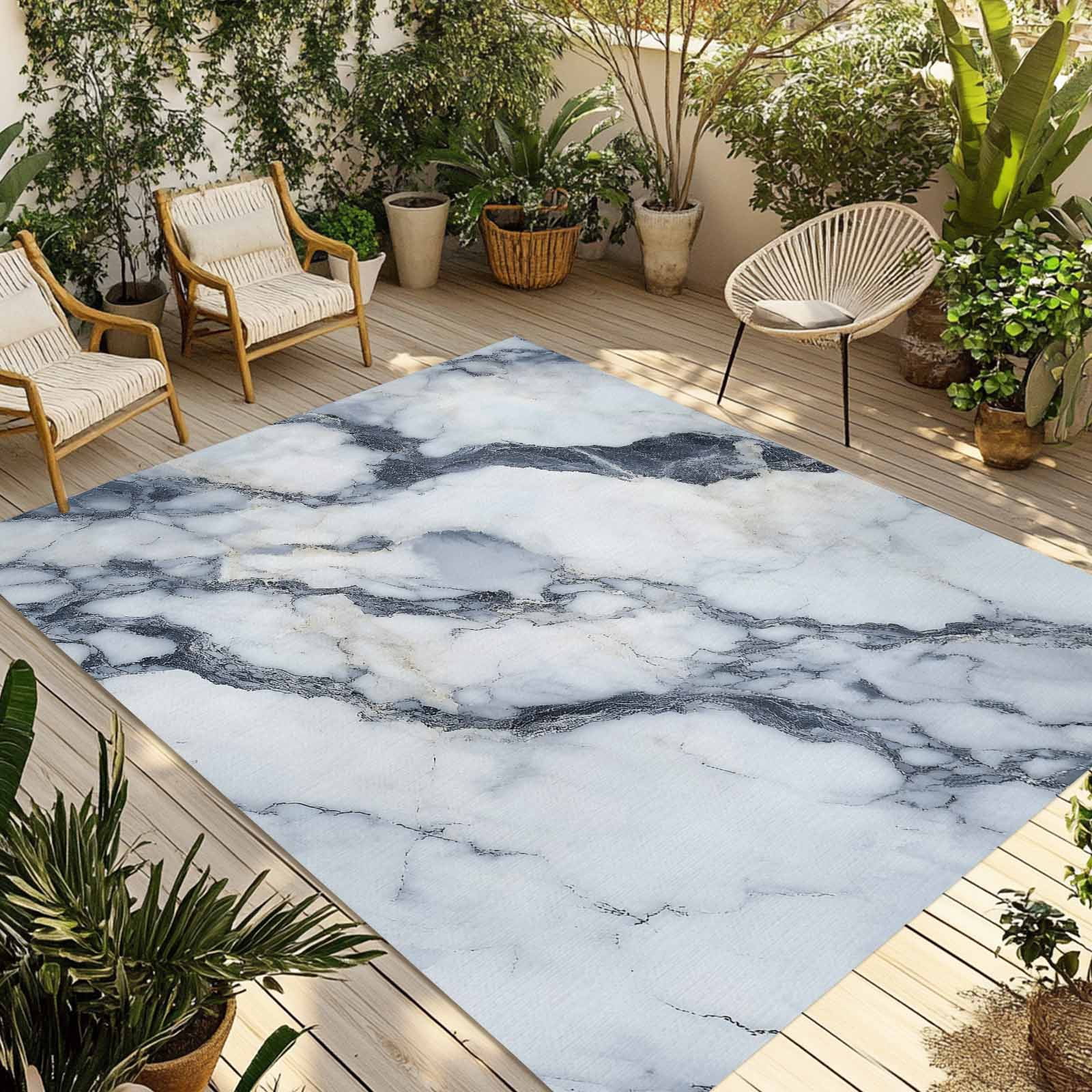Outdoor Rug 5x8ft Ombre Blue White Marble Texture Large Area Rug Abstract Art Indoor Outdoor Carpet Outdoor Rugs Mats for Patio Camping,RV,Front Door, Outside Decor