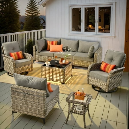 Ovios 8 Pieces Patio Outdoor Furniture Set With Swivel Chairs All-Weather Rattan Wicker Conversation Outside Sectional Sofa Chair With Solar Light Table