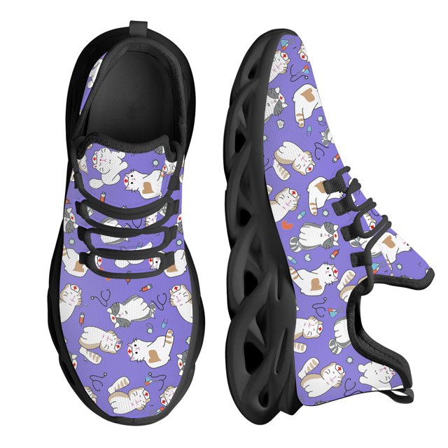 Zapatos de enfermera con estampado de gato de dibujos animados, suela gruesa, cómodos, con cordones, de punto, para uso médico de mascotas
